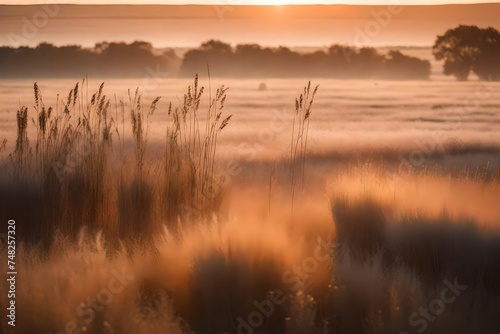 a vast prairie with tall grass, bathed in the soft, cool light of the early morning