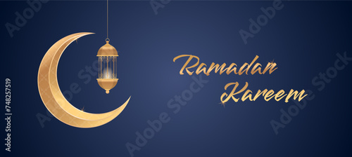 ramadan kareem islamic greeting card background vector illustration. Golden moon and lamp. design template illustration with 3d realistic golden lantern