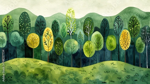 Abstract illustration of trees and grass landscape. photo