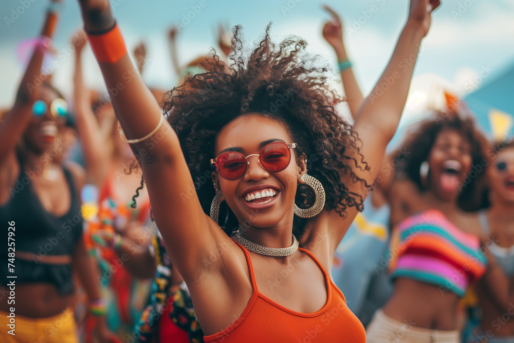 Afro american lady dancing in a summer music festival. Afro american lady dancing in a summer music festival.