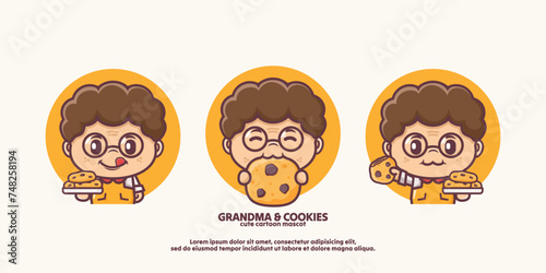cute grandma with cookies, food cartoon mascot design