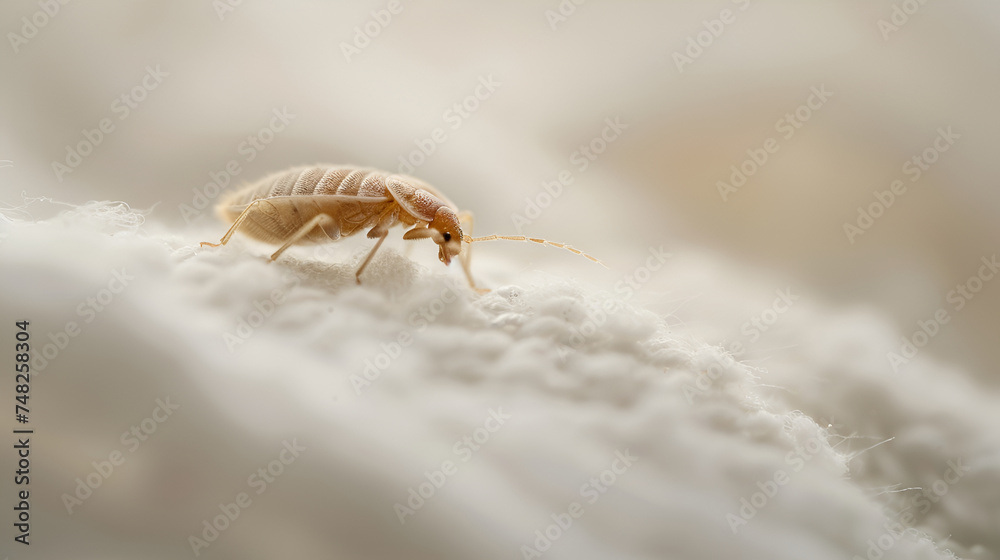 Beige bed bug navigating the soft fibers of a white fabric, captured in a soft-focus macro shot. Beige bed bug navigating the soft fibers of a white fabric, captured in a soft-focus macro shot.