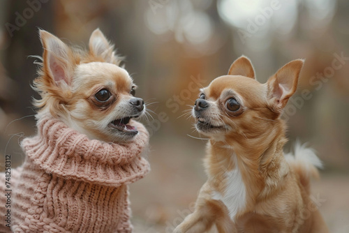 A feisty chihuahua with a tan coat and a pink sweater barking at a bigger dog. photo
