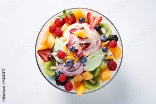Exquisitely Arranged Bowl of Fruit Salad and Ice Cream