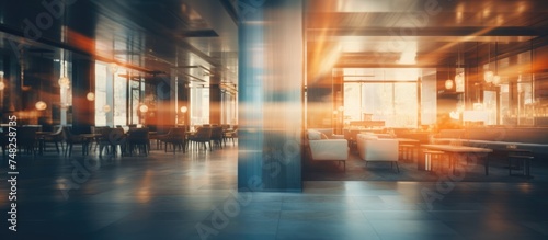 A blur-filled scene of a room crowded with chairs and tables, creating a sense of movement and activity in a hotel lobby interior setting.