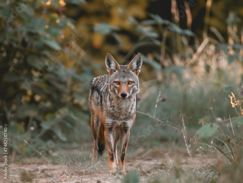 An alert jackal standing in the field.