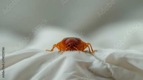 Lone bed bug traversing the terrain of a white bedsheet in a minimalist setting. photo