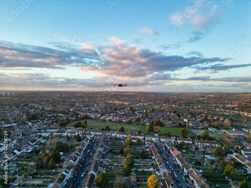 Best Aerial View of British City During Sunset. Luton, England UK