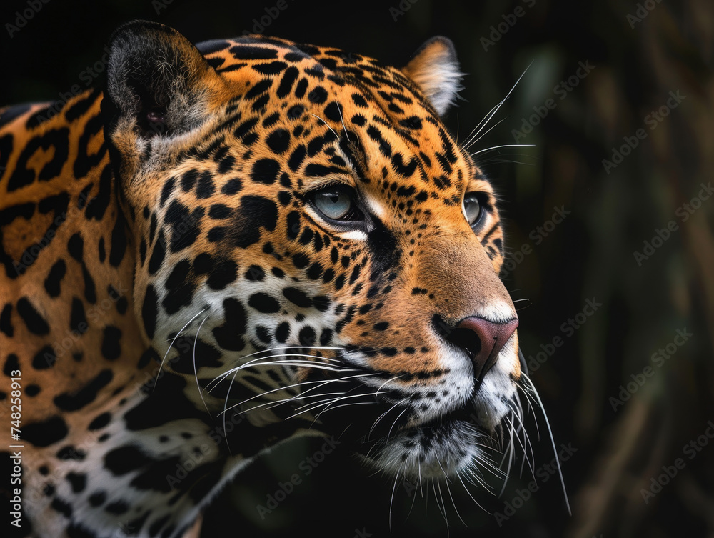 Fototapeta premium Intense gaze of a jaguar against a backdrop of dense jungle.