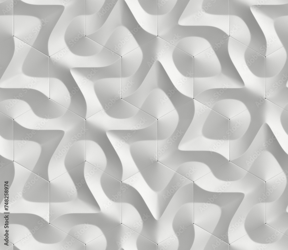 White geometric 3D ornament in the form of hexagon tiles volumetric shape of leather with high quality seamless realistic texture White geometric 3D ornament in the form of hexagon tiles volumetric shape of leather with high quality seamless realistic texture