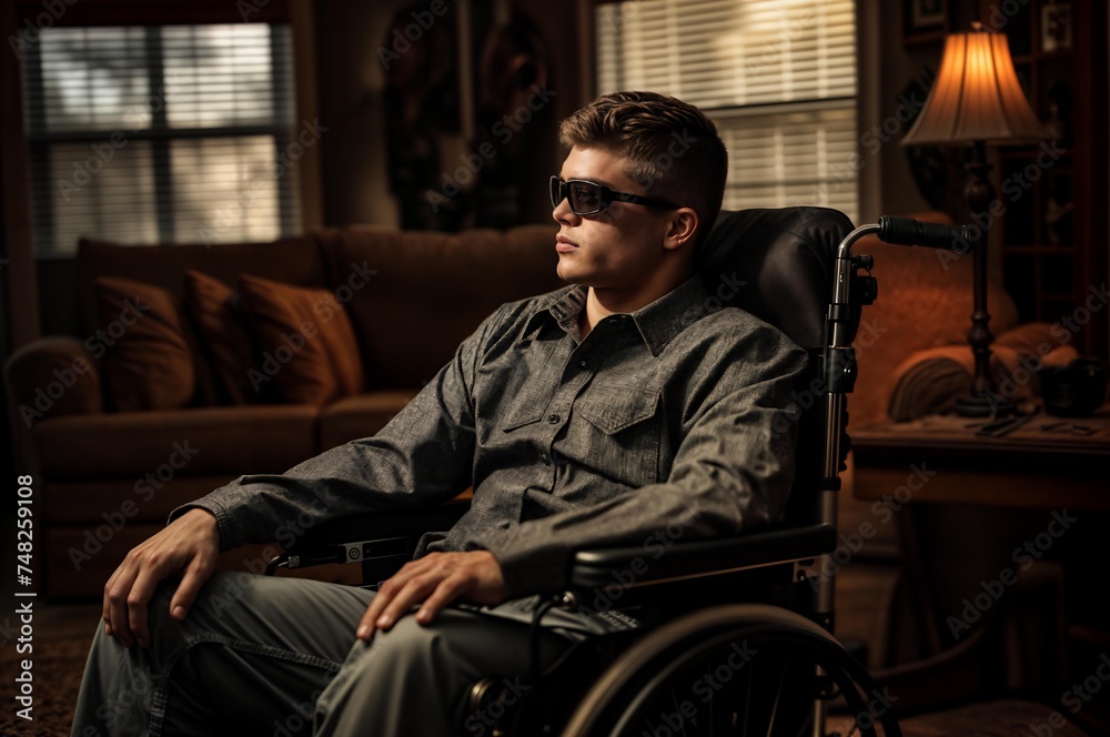 Person With Blindness Disability Sitting In Living Person With Blindness Disability Sitting In Living