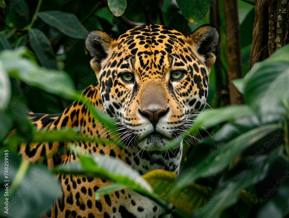 A jaguar peers through leaves, blending into its jungle environment. A jaguar peers through leaves, blending into its jungle environment.