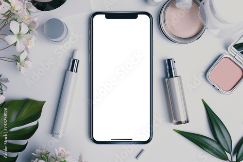 various cosmetics next to mobile phone mockup (5)