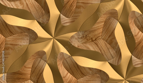 Solid wood tiles with golden elements with high quality seamless realistic texture photo