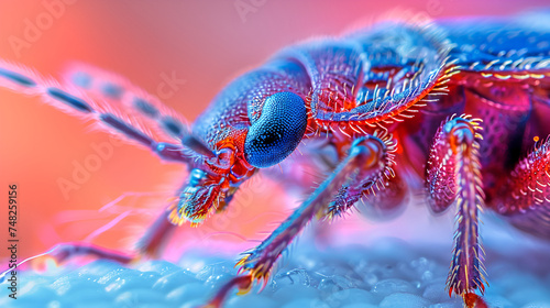 Surreal close-up of an iridescent bug, rainbow hues highlighting its complex anatomy.