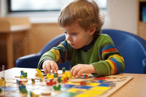 Autistic Child Engaged in Puzzle Solving Therapy