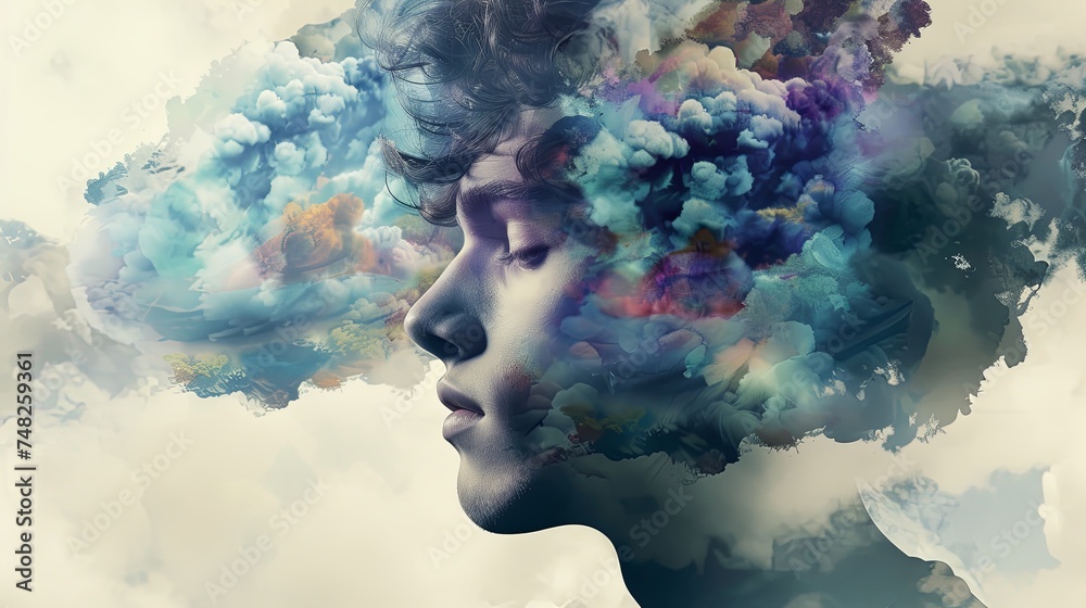 Double exposure combines face and clouds. The concept of the unity of nature and man. The concept of the unity of nature and man. Panoramic view. Dreams or spirituality. Illustration for design.