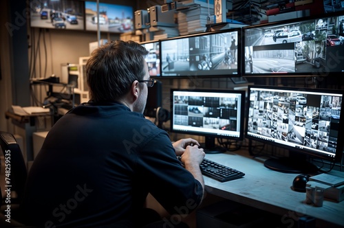 Technician Using Surveillance Security Camera Video Footage
