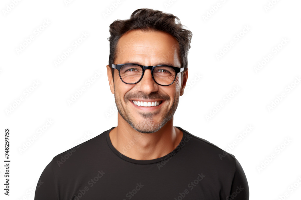 Studio portrait of handsome young Caucasian Americana man wear glasses and casual shirt with a beautiful smiling isolated on transparent png background.