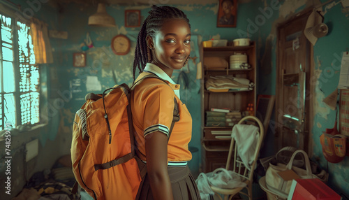 Confident African Schoolgirl with Backpack Smiling in a Sunlit Classroom Environment
