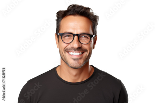 Studio portrait of handsome young Caucasian Americana man wear glasses and casual shirt with a beautiful smiling isolated on transparent png background. © somsuda