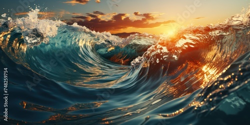 A powerful ocean wave crashing with a stunning sunset in the background