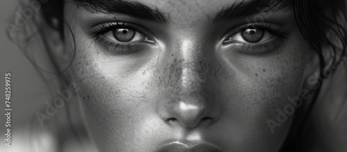 A black and white close-up of a womans face, highlighting her clean and smooth skin. The image showcases her natural beauty with minimal makeup applied. © 2rogan