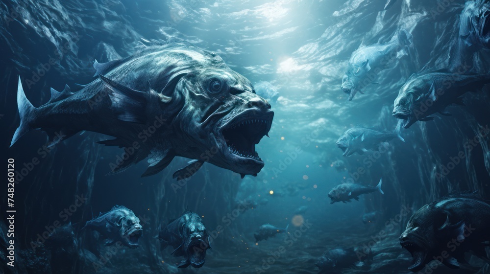 An aggressive deep sea creature with large teeth is in pursuit.