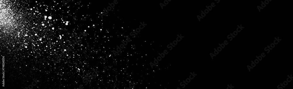 Abstract black background covered with white paint spray. Wide panoramic. Template web design banner