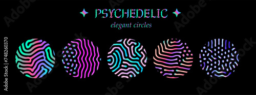 Set of elegant holographic circles with psychedelic wavy pattern in neon bright colors.