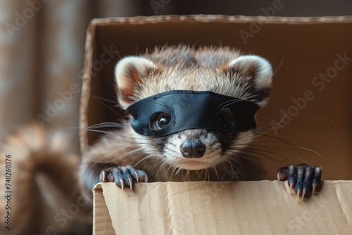 A furry ferret with a black mask and a long tail exploring a cardboard box. © Adnan Haider