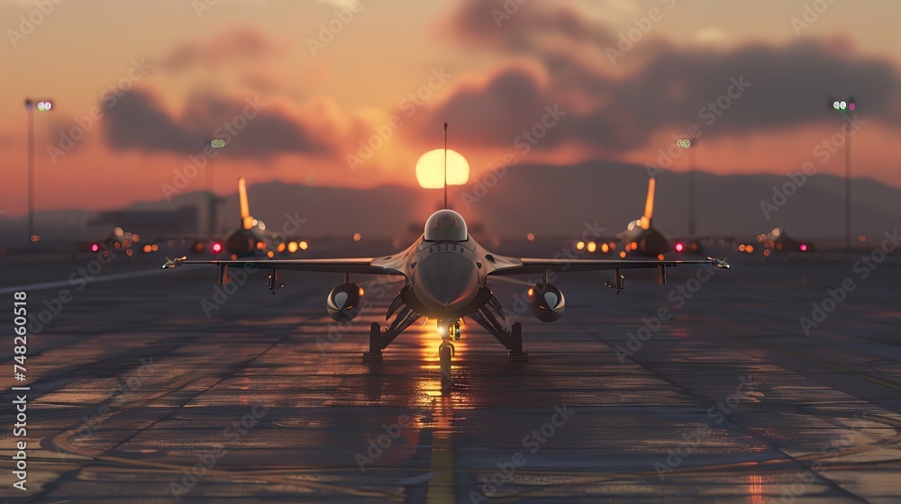 Air military bombers perfoming taxiing on the runway and waiting to take off from the airbase in Russia. Air fighters staying on the airstrip of base. AI generated illustration - obrazy, fototapety, plakaty 