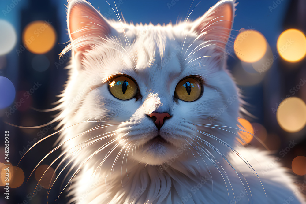 white fluffy cat on the street, portrait, muzzle, evening, lights, stray animal, pet, eyes