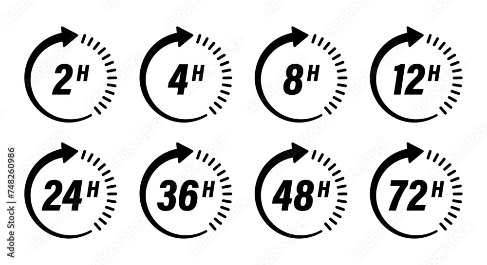Hour timer icon collection with 2 hours, 4 hours, 8 hours, 12 hours, 24 hours, 36 hours, 48 hours and 72 hours vector logotype countdown stickers template designs - Vector Icons Hour timer icon collection with 2 hours, 4 hours, 8 hours, 12 hours, 24 hours, 36 hours, 48 hours and 72 hours vector logotype countdown stickers template designs - Vector Icons