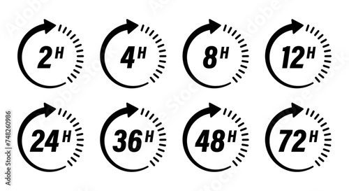 Hour timer icon collection with 2 hours, 4 hours, 8 hours, 12 hours, 24 hours, 36 hours, 48 hours and 72 hours vector logotype countdown stickers template designs - Vector Icons