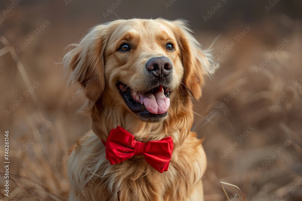 A handsome golden retriever wearing a red bow tie and smiling with its tongue out.