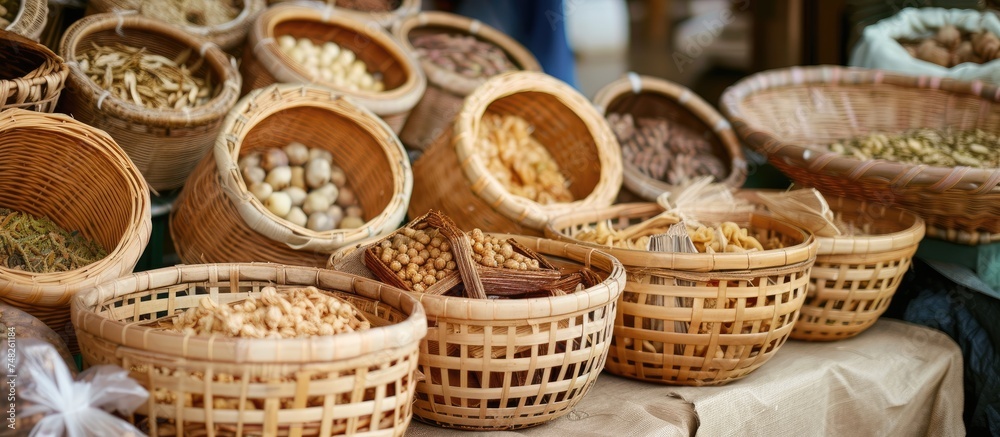A table covered with multiple rattan baskets filled with an assortment of dried fruits and other food items in a market setting.