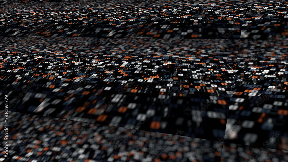 Fototapeta premium Endless quantity of numbers flying and blinking in digital space. Animation. Business or hacking technology background.