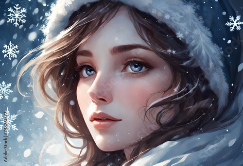 Enigmatic allure of a woman's face enveloped by a gentle cascade of snowflakes
