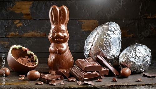 Ovos de páscoa de chocolate ( chocolate easter eggs ), coelho de chocolate e barras de chocolate.de chocolate.  photo