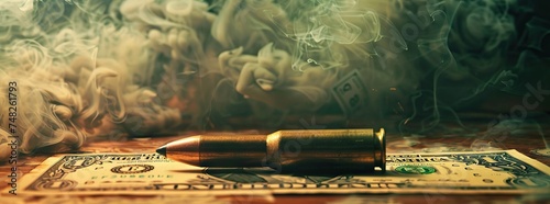Illegal selling, criminal money concept, US dollars and bullet for a gun, 9mm pistol cartridges on a background. AI generated illustration