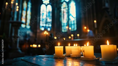 Candles burning in a church background. AI generated illustration © 3D