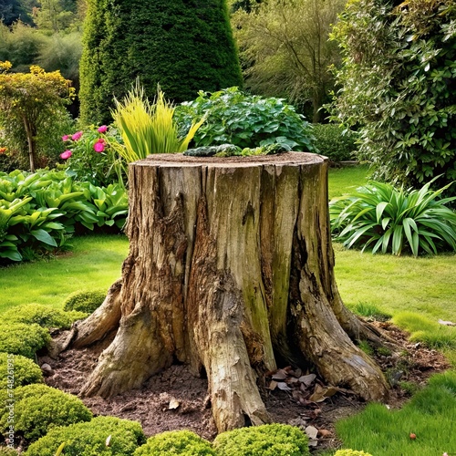 Tree stump in a lush garden. photo