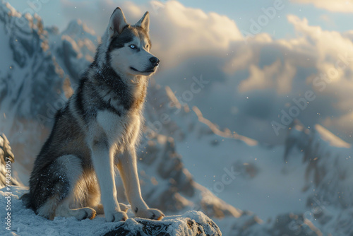 A loyal husky with a black and white coat and piercing blue eyes sitting on a snowy mountain.