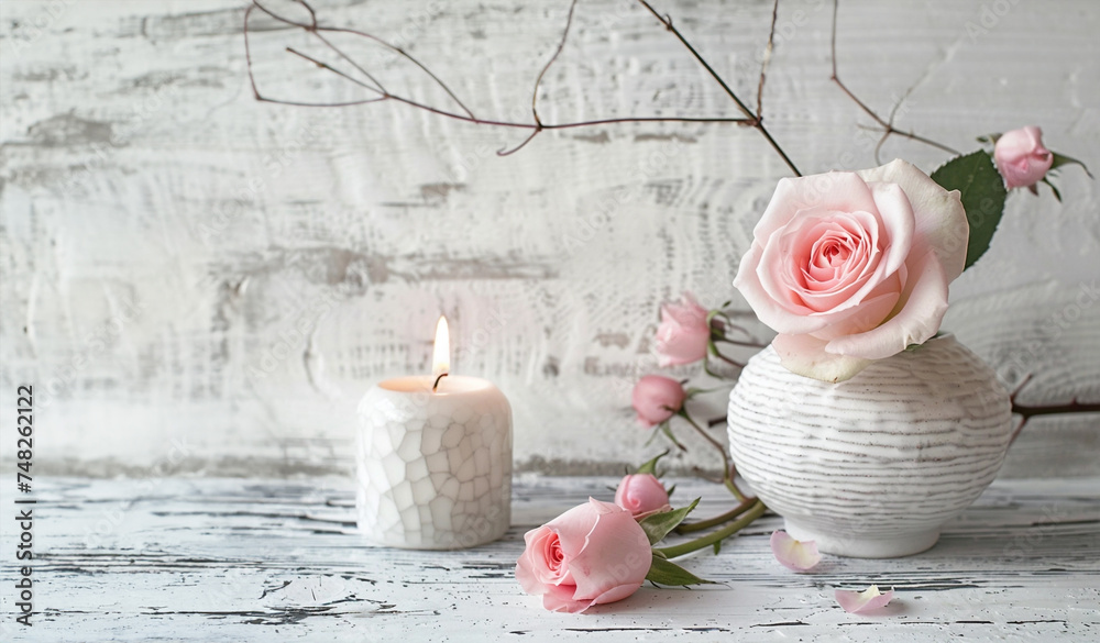 Pink roses with lit candle and pebbles on white wooden table in Scandinavian style