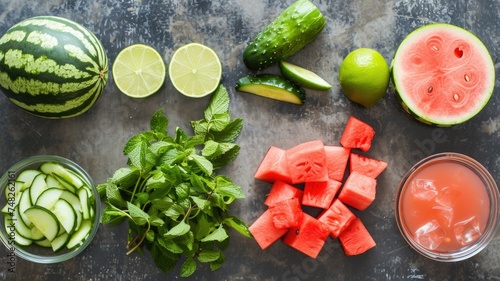 ingredients for making Michelagua, including fresh watermelon, cucumber, and lime, ready for blending into a delicious drink photo