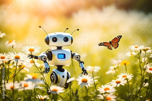 bee and flower, Delight in the innocence of a little cute robot as it wanders through a sun-kissed summer field, its eyes wide with wonder at the beauty of nature unfolding around it
