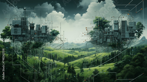 Technological circuits merging with nature.Wallpaper Backgound