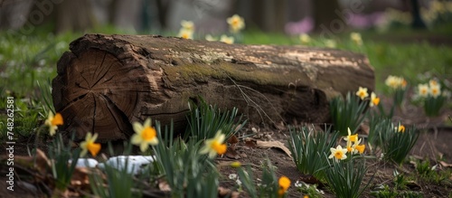 A log stands in the midst of a dense forest filled with blooming flowers, including daffodils. The vibrant colors of the flowers contrast against the earthy tones of the log, creating a visually