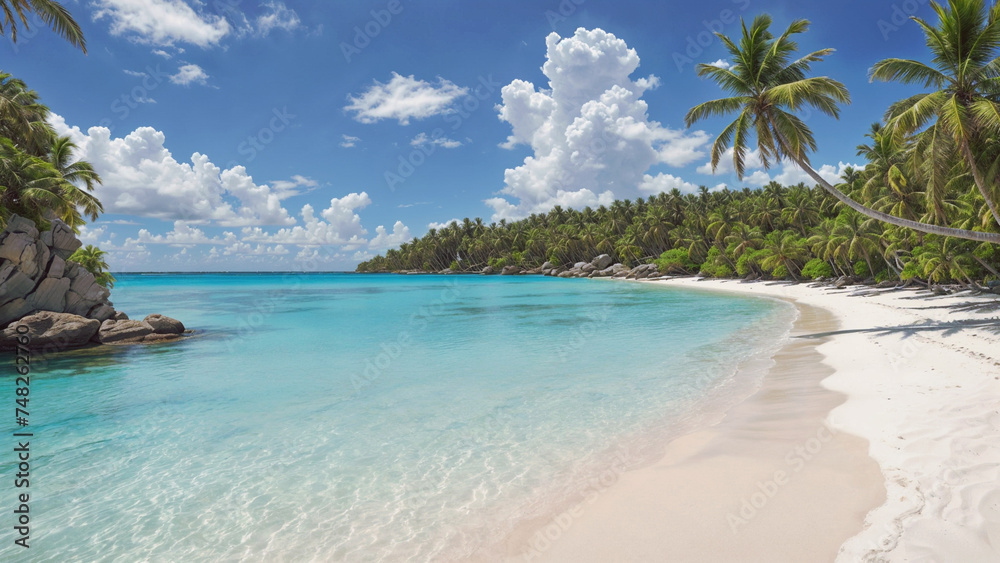 Fototapeta premium A white sandy beach with palm trees hanging over the water . ai generative